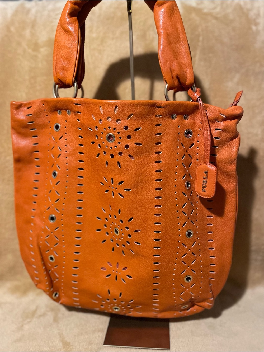 Furla Orange Laser-Cut Leather Shoulder Bag